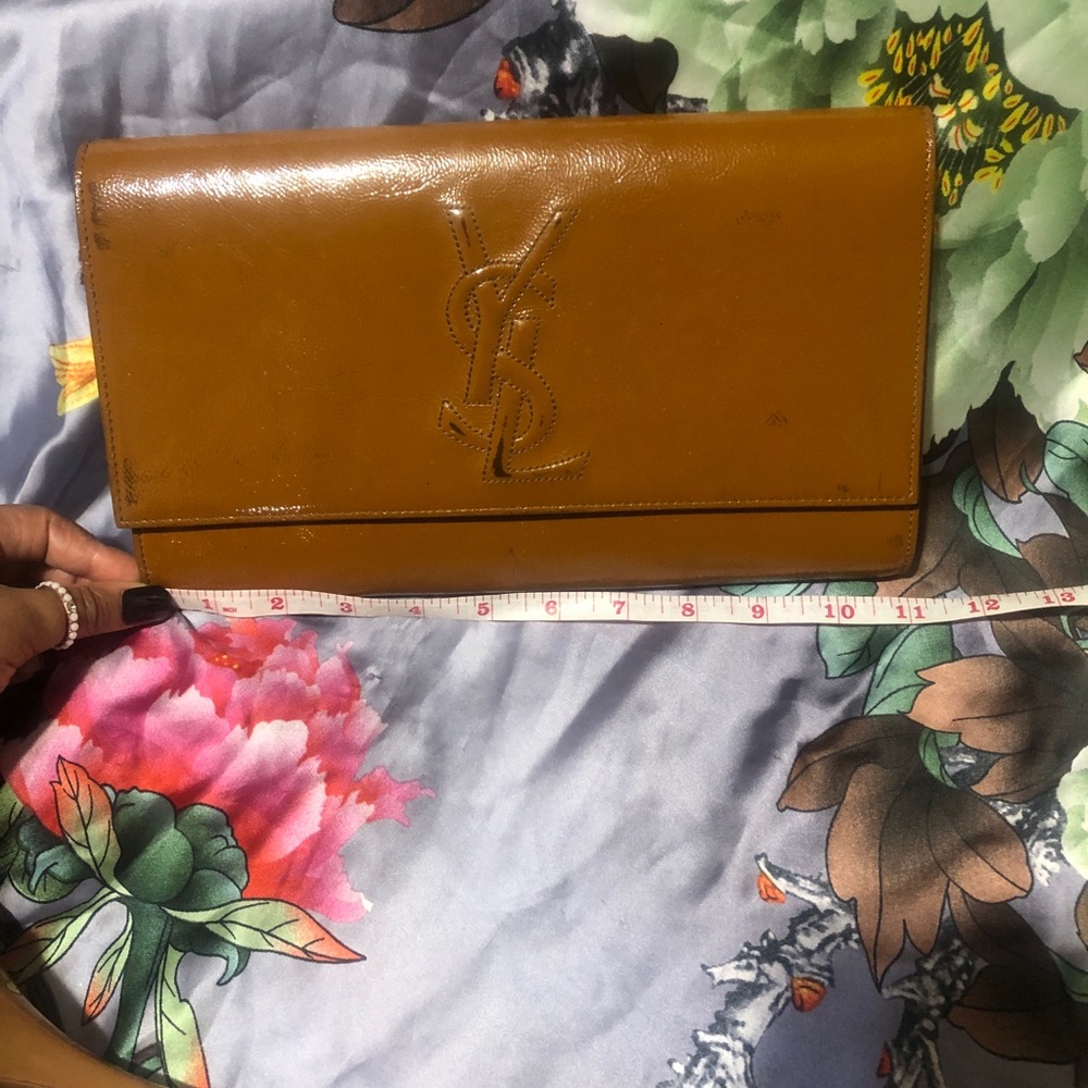 Large Yves Saint Laurent Brown Leather Clutch with patent leather